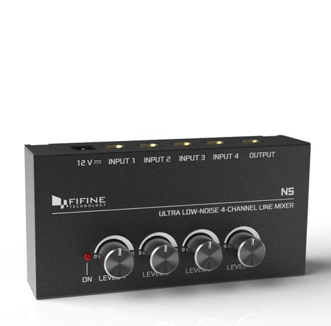 Fifine n5 four-channel line mixer with individual volume controls Fifine n5 four-channel line mixer with individual volume controls