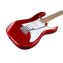 Ibanez GRX40 body close-up, candy apple red gloss with white pickguard and HSS pickups