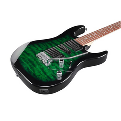 Ibanez GRX70QA body close-up, emerald green quilt burst with chrome tremolo and pickups