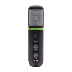 Mackie EM-USB microphone straight-on close-up showing mute, gain and headphone controls