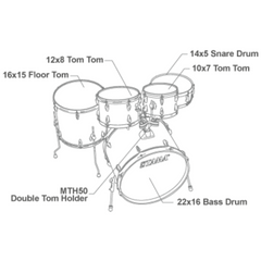 Tama Imperialstar kit line diagram labelling 22x16 bass, toms, snare and MTH50 tom holder