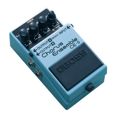 Boss CE-5 Chorus Ensemble guitar pedal in blue, angled view of controls