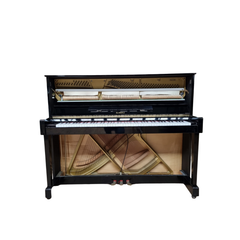 Kawai HA-20 upright piano with fallboard open, showing gold plate, hammers and strings