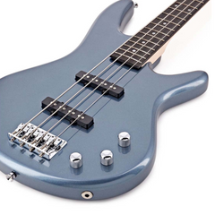 Ibanez GSR180 bass guitar body close-up, Baltic blue metallic with chrome jack and knobs