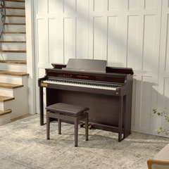 Casio Celviano AP-750 digital piano in brown, in a room with staircase and bench