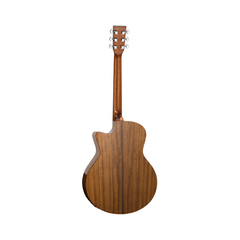 Tanglewood TW6CEBW Exotic Super Folk semi-acoustic guitar back view, walnut with cutaway