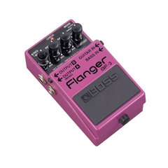 Boss BF-3 Flanger guitar pedal in purple, angled top view of controls