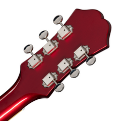 Epiphone Riviera guitar headstock rear close-up, sparkling burgundy with nickel tuners