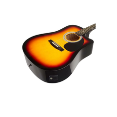Squier SA-105CE dreadnought guitar angled view, sunburst with cutaway and endpin jack