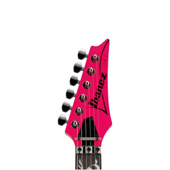 Ibanez JEMJR Steve Vai guitar headstock front close-up, pink with vine inlay fretboard