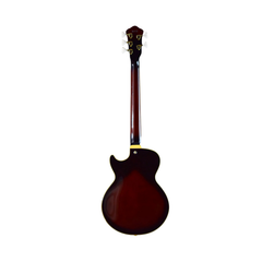 Ibanez AGB205 hollowbody bass guitar back view, dark violin sunburst with gold hardware