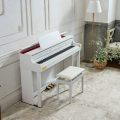 Casio Celviano AP-750 digital piano in polished white, in an elegant room with bench