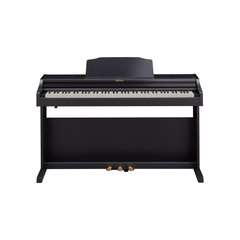 Roland RP501R digital piano in contemporary black, front view with music rest and pedals