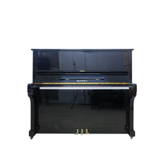 Kawai KU-3D upright piano front view, polished black with three brass pedals