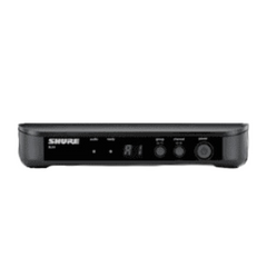 Shure BLX4 wireless receiver front panel, black with channel display and dials