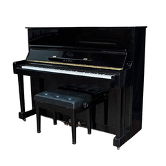 Kawai BS-1A upright acoustic piano in polished black, angled view with bench