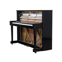 Kawai K-18 upright piano angled view with top open, showing action, hammers and strings