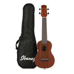 Ibanez UKS10 soprano ukulele in mahogany beside black Ibanez gig bag, front view