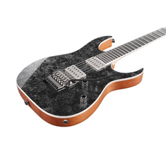 Ibanez RG5320-CSW body close-up, cosmic shadow black and gray swirl top