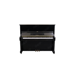 Kawai TP-125 Special upright piano in polished black, front view with brass pedals