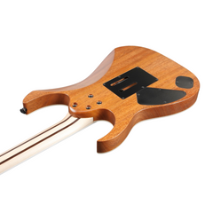 Ibanez RGR5220M body back close-up angled, natural mahogany with black hardware