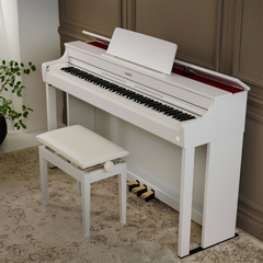 Casio Celviano AP-300 digital piano in white, in a room with matching bench