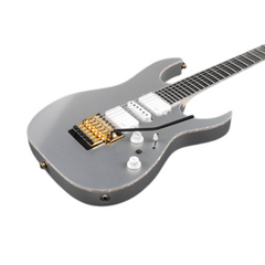 Ibanez RG5170G body close-up, silver flat finish with white pickups and gold hardware
