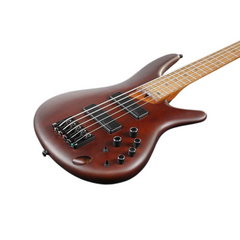 Ibanez SR505E five-string bass body close-up, brown mahogany with Bartolini pickups