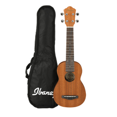 Ibanez UKS10 soprano ukulele with black padded Ibanez gig bag, front view
