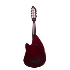 Godin MultiOud full back standing, deep red mahogany body with slotted headstock