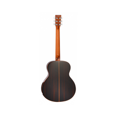 Tanglewood TRS1E folk guitar back view, dark striped rosewood with chrome tuners