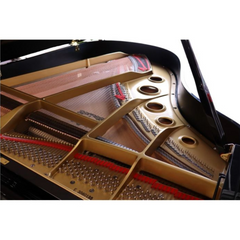 Yamaha G3A grand interior, gold frame and strings with red felt and serial on plate