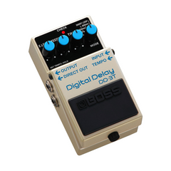 BOSS DD-3T digital delay pedal angled top view, cream chassis with blue knobs