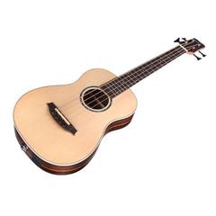 Cordoba Mini II Bass body close-up angled, spruce top with abalone soundhole rosette