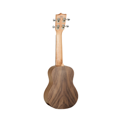 Tanglewood TWT2 Tiare soprano ukulele back view, figured walnut with chrome tuners