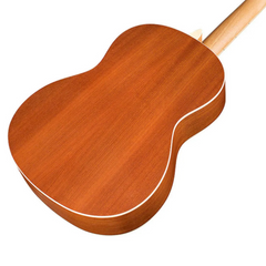 Cordoba C1 Matiz body back close-up angled, natural mahogany with cream binding