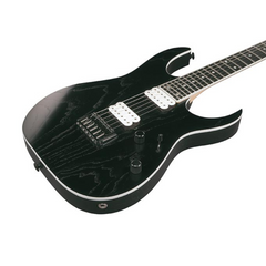 Ibanez RGR652AHBF body close-up, weathered black grain with white pickups and cream binding