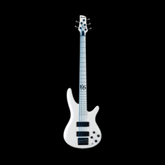 Ibanez K5 Fieldy Signature five-string bass front view, white body with blue strings