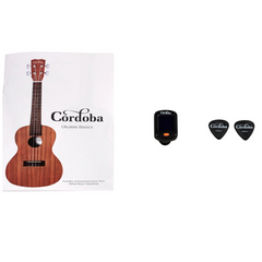 Cordoba UP100 ukulele pack contents, clip-on tuner, picks and instruction book