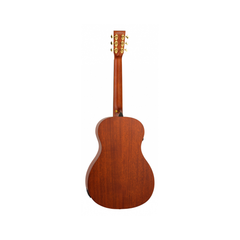 Tanglewood TE8E Elemental parlour guitar back view, mahogany with gold tuners and endpin jack