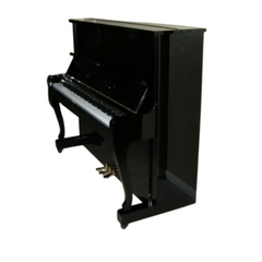 Kawai SA-5E upright acoustic piano in polished black, angled side view