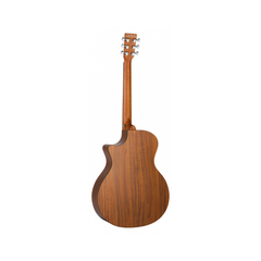 Tanglewood TM6CE Metropolitan guitar back view, figured walnut with cutaway and chrome tuners