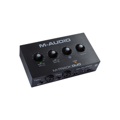 M-Audio M-Track Duo interface angled 3/4 view, input dials and connector panel