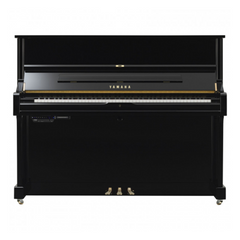 Yamaha U3M upright acoustic piano in polished black, front view with pedals