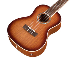 Cordoba 15CM-E ukulele body close-up angled, edge burst top with abalone rosette