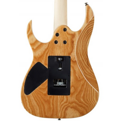 Ibanez RG370AHMZ body back close-up, natural ash grain with black control cavity plate