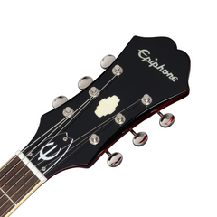 Epiphone Riviera guitar headstock front close-up, black face with pearl logo inlay