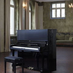 Yamaha U2M upright acoustic piano in polished black, in an ornate hall with bench