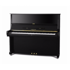 Yamaha U2H upright piano front view, polished black with keyboard lid open