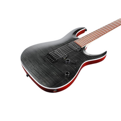 Ibanez RGA42FM body close-up, transparent gray flame top with red edge binding